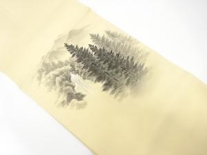 手織り紬　手描き　樹木に滝模様　名古屋帯